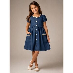 Vintage Denim Dress Girls 6 Blue Lace‎ Floral Button Front Americana Cottagecore